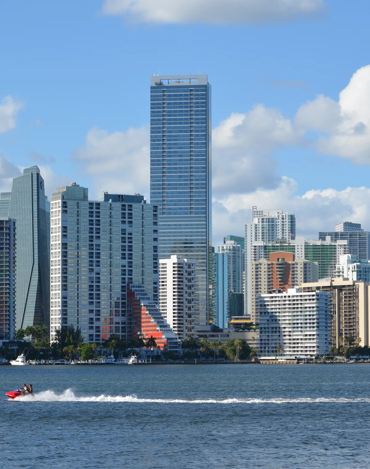 The Brickell skyline in Miami, Florida seen across Biscayne Bay